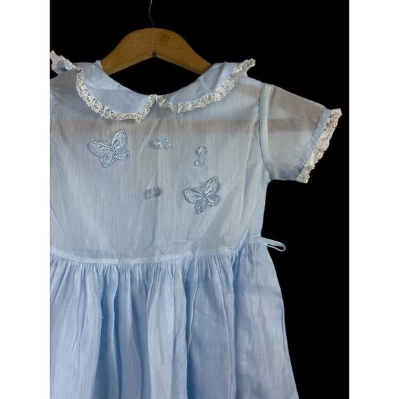 1950s Dress Little Girl Blue Peter Pan Collar Butterfly Applique 4 / 5 Vintage - Picture 4 of 11